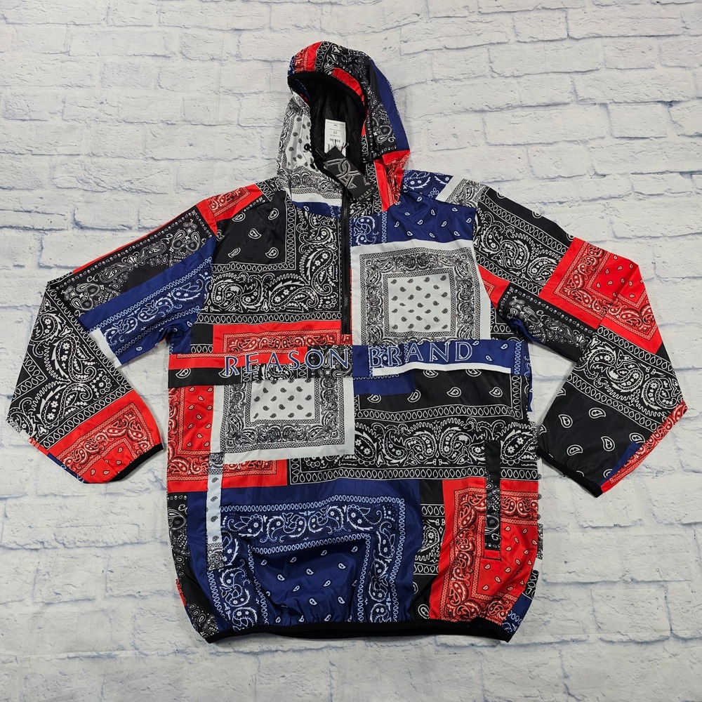 Reason Windbreaker MENS M Multi Bandana Patchwork Anorak Hooded H22-73